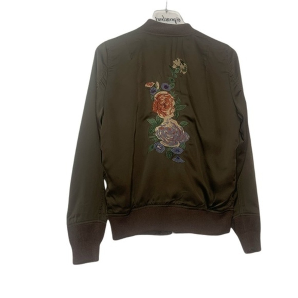 New Olivaceous Brown Bohemian Floral Embroidered Silky Bomber Jacket